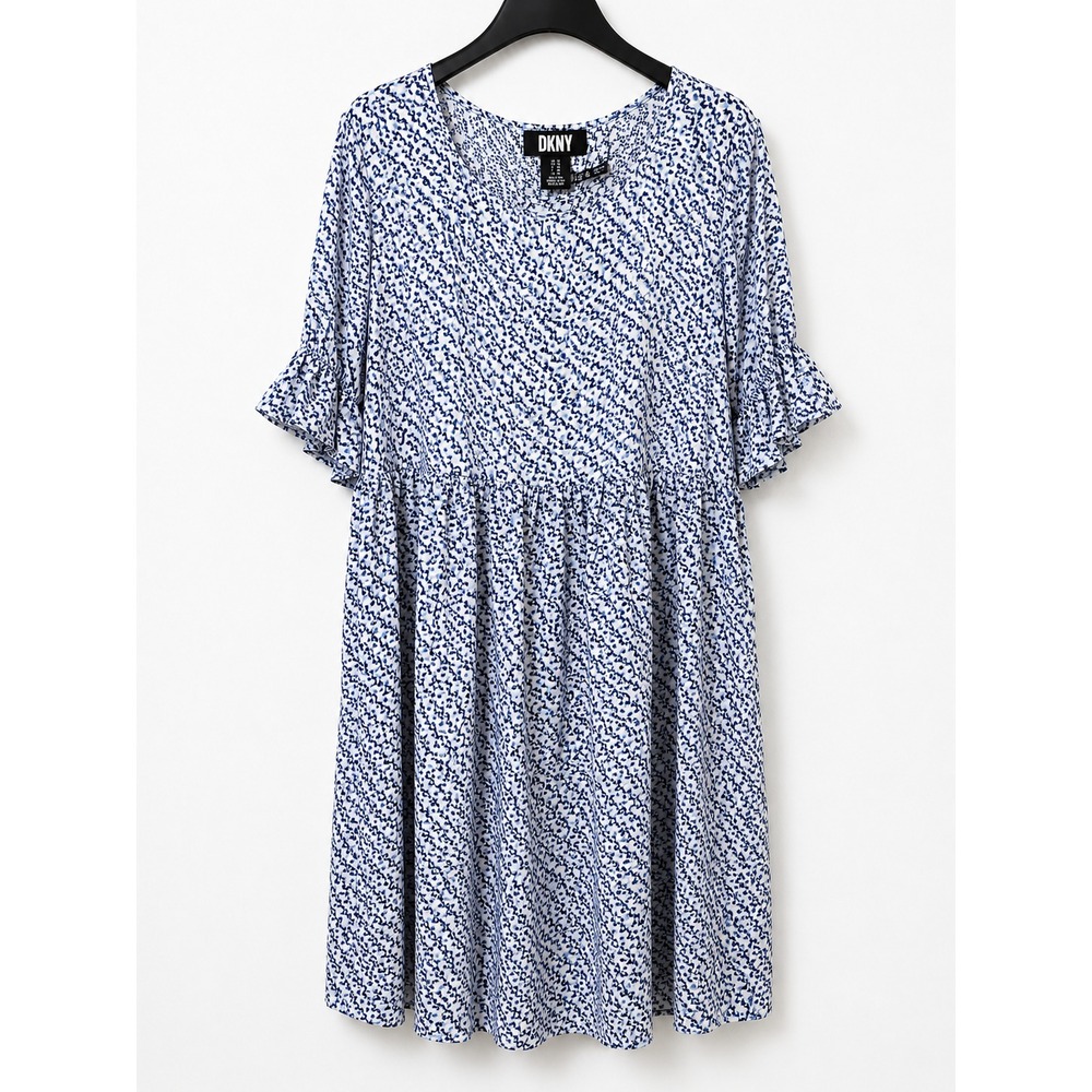 DKNY Womens Size 16 Blue White Abstract Empire Waist Ruffle Swing Dress